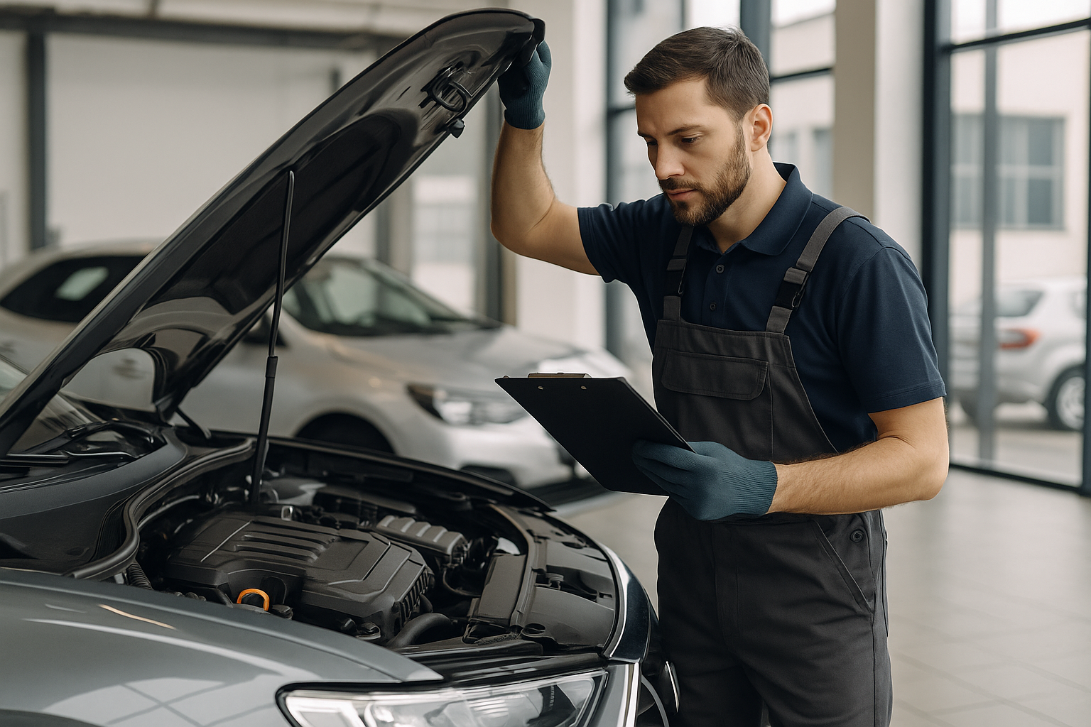 Mechanic inspecting car